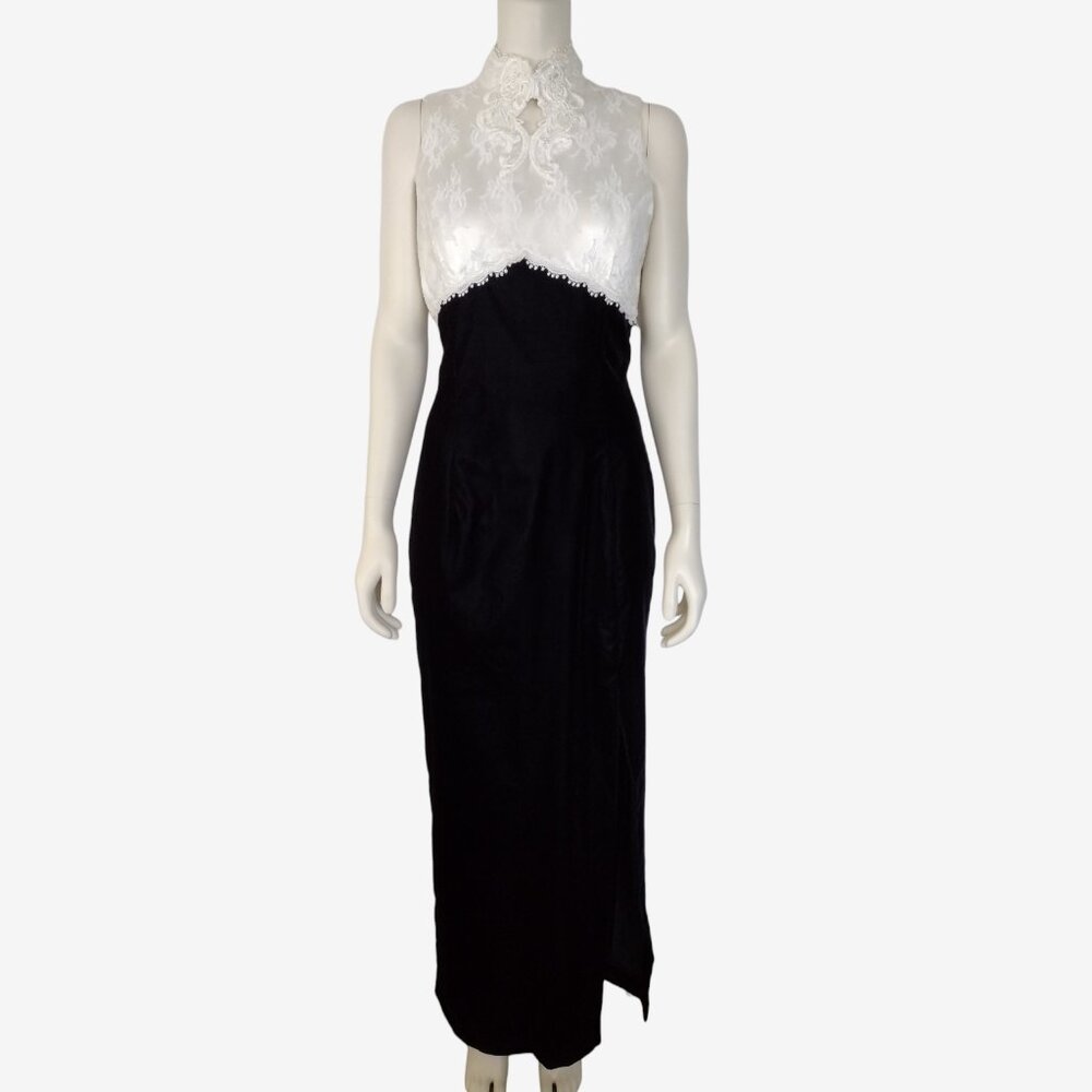 Vintage 80s Gunne Sax Black Velvet White Lace Mock Neck Side Slit Gown